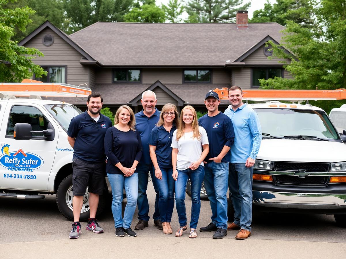 The Kaufman Roofing family and crew in front of a completed Twin Cities home